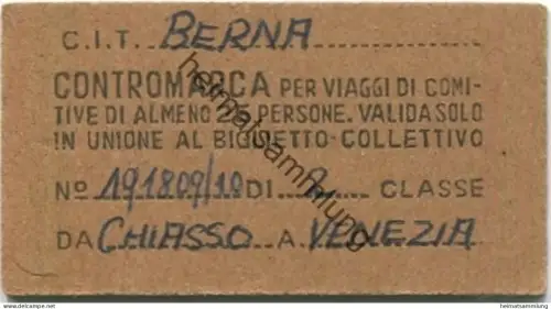 Schweiz - Kontrollmarke - C.I.T. F.S. 1959 Bern - Berna Contromarca 2 Classe da Chiasso a Venezia