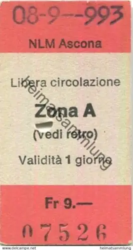 Schweiz - NLM Ascona - Libera circolazione Zona A - Fahrkarte 1993
