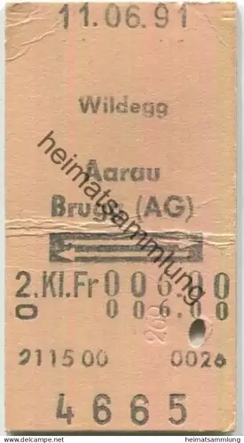 Schweiz - Wildegg Aarau Brugg (AG) retour - Fahrkarte 1991