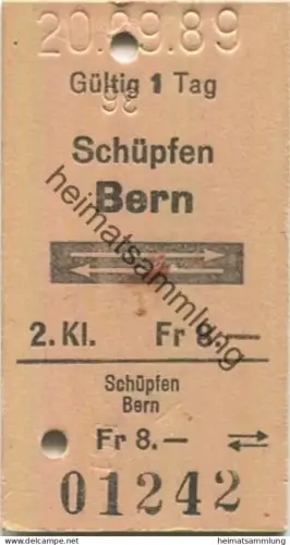 Schweiz - Schüpfen Bern retour - Fahrkarte 1989