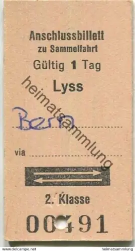 Schweiz - Lyss Bern - Anschlussbillett zu Sammelfahrt - Fahrkarte 1987