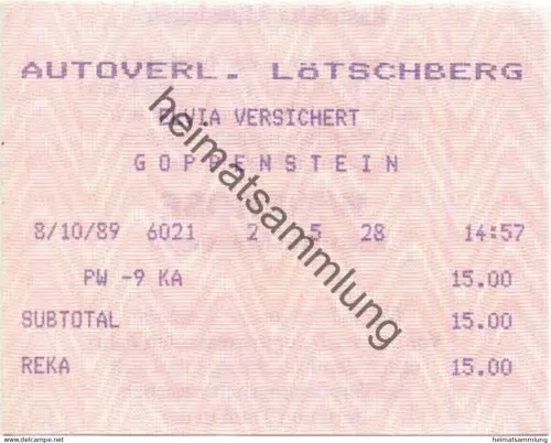 Schweiz - Autoverlad Lötschberg - Goppenstein - Fahrschein 1989