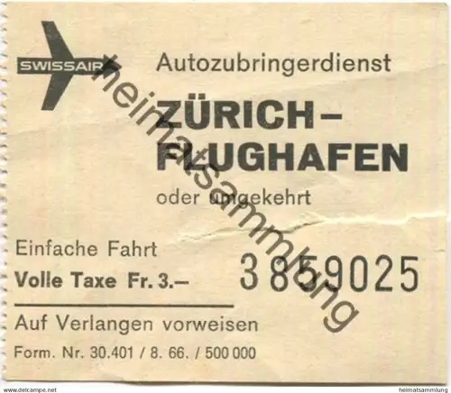 Schweiz - Swissair - Autozubringerdienst Zürich - Flughafen oder umgekehrt 60er Jahre - Fahrschein