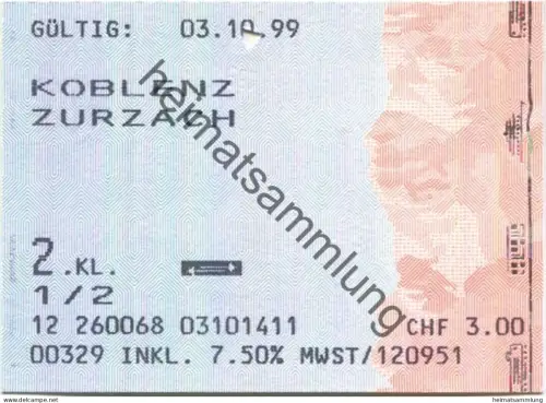 Schweiz - Koblenz Zurzach retour 2. Kl. 1/2 Taxe - Fahtkarte 1999