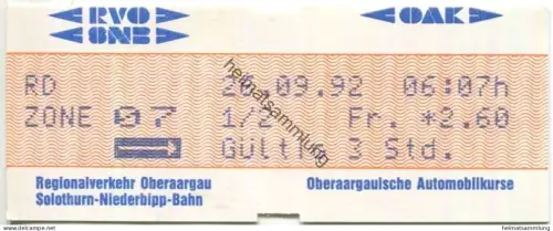 Schweiz - RVO Regionalverkehr Oberaargau ONB Solothurn-Niederbipp-Bahn OAK Oberaargauische Automobilkurse  - Fahrkarte 1