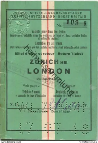 Schweiz - Grossbritannien - Zürich HB London via Basel Calais - Trafic Suisse Grande-Bretagne - Fahrkartenbuch 2. Klasse