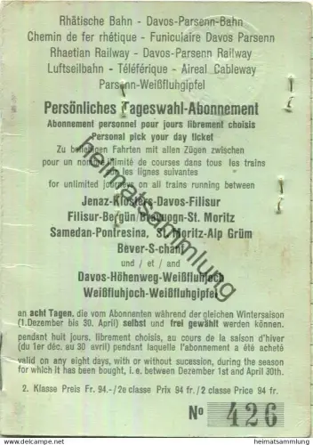 Schweiz - Rhätische Bahn - Davos-Parsenn-Bahn - Persönliches Tageswahl-Abonnement - Zu beliebigen Fahrten mit allen Züge