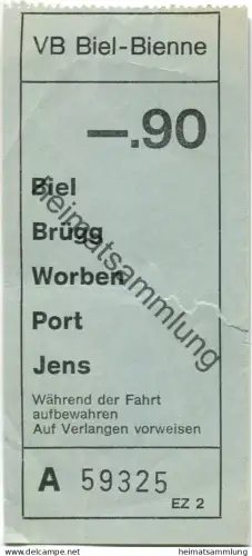 Schweiz - VB Biel-Bienne - Fahrschein Fr. -.90 - Biel Brügg Worben Port Jens