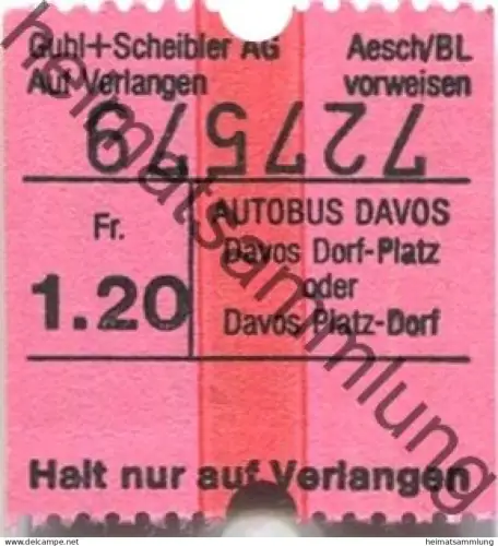 Schweiz - Davos - Autobus Davos Dorf-Platz oder Davos Platz-Dorf - Fahrschein Fr. 1.20