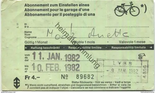 Schweiz - Abonnement zum Einstellen eines Fahrrads - 1982 gültig 1 Monat