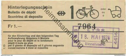 Schweiz - Fahrrad oder Kinderwagen - Hinterlegungsschein für den Einstellungstag und den folgenden Tag 1976