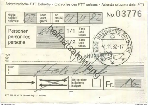 Schweiz - Schweizerische PTT-Betriebe - Fahrschein 1982 - Hasliberg-Goldern Hohfluh