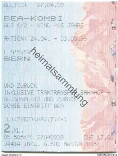 Schweiz - BEA-Kombi - Kind bis 16 Jahre - Lyss Bern und zurück inkl. Tramtransfer Bahnhof Guisanplatz sowie Eintritt - F