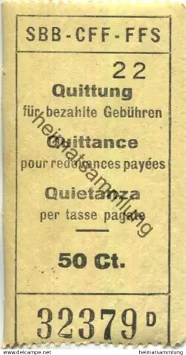 Schweiz - SBB CFF FFS - Quittung für bezahlte Gebühren 50 Ct.
