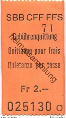 Schweiz - SBB CFF FFS - Gebührenquittung Fr. 2.-