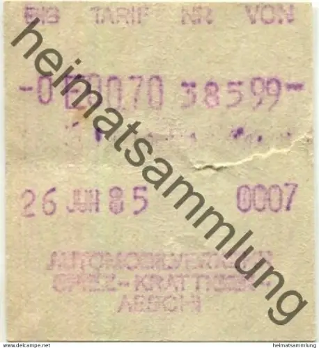 Schweiz - Automobilverkehr Spiez Krattingen Aesch - Fahrschein 1985