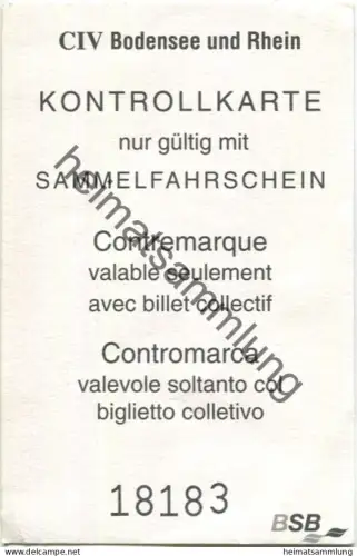 Schweiz - BSB - CIV Bodensee und Rhein - Kontrollmarke nur gültig mit Sammelfahrschein