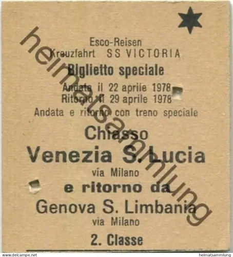 Schweiz - Chiasso Venezia S. Lucia via Milano e ritorno da Genova S. Limbania via Milano - Esco-Reisen Kreuzfahrt SS Vic