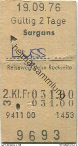 Schweiz - Sargans Lyss - Reiseweg siehe Rückseite - Fahrkarte 1976