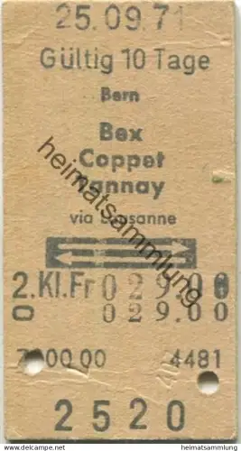 Schweiz - Bern Bex Coppet Tannay retour - via Lausanne - Fahrkarte 1971