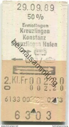 Schweiz - Ermatingen Kreuzlingen Konstanz Kreuzlingen Hafen retour - hin: Bahn zurück Bahn Schiff - Fahrkarte 1989
