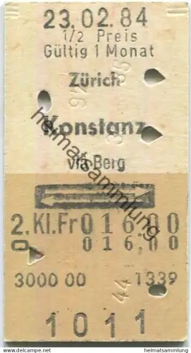 Schweiz - Zürich Konstanz via Berg retour - via Berg - Fahrkarte 1984