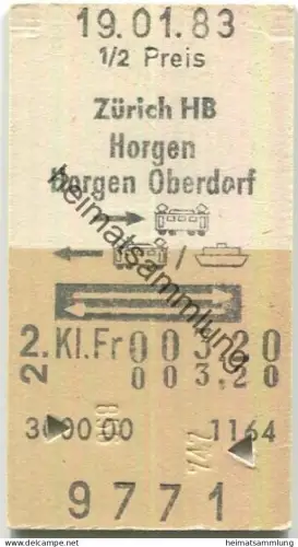 Schweiz - Zürich HB Horgen Horgen Oberdorf retour - hin: Bahn zurück Bahn Schiff - Fahrkarte 1983