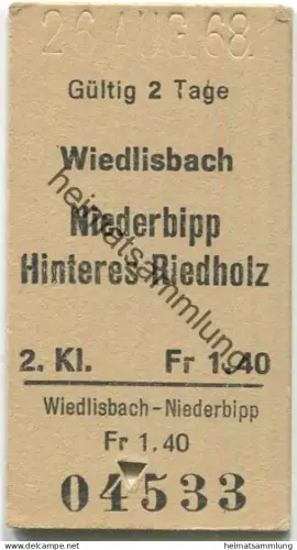 Schweiz - Wiedlisbach Niederbipp Hinteres Riedholz - Fahrkarte 1968