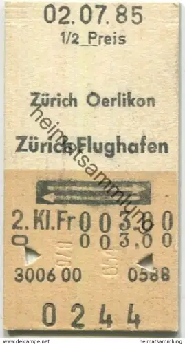 Schweiz - Zürich Oerlikon Zürich Flughafen retour - Fahrkarte 1985