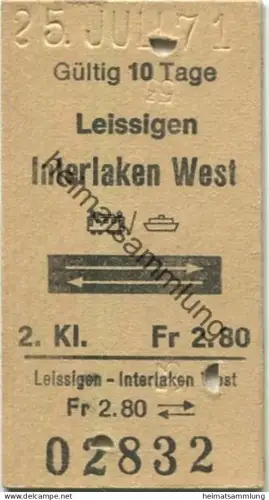 Schweiz - Leissigen Interlaken West retour - mit Bahn/Schiff - Fahrkarte 1971