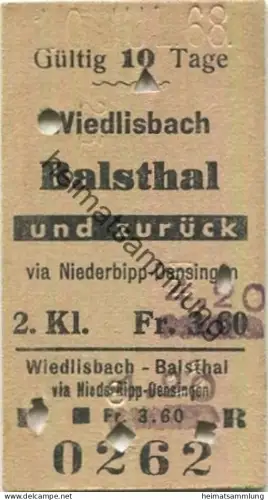 Schweiz - Wiedlisbach Balsthal und zurück via Niederbipp Oensingen - Fahrkarte mit Preisüberdruck 1968