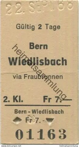 Schweiz - Bern Wiedlisbach via Fraubrunnen - Fahrkarte 1968