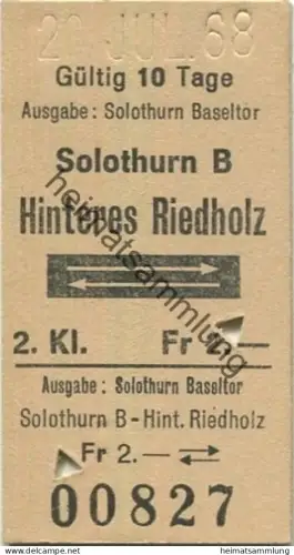 Schweiz - Solothurn Baseltor Hinteres Riedholz retour - Fahrkarte 1968