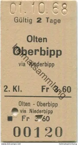 Schweiz - Olten Oberbipp via Niederbipp - Fahrkarte 1968