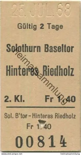 Schweiz - Solothurn Baseltor Hinteres Riedholz - Fahrkarte 1968