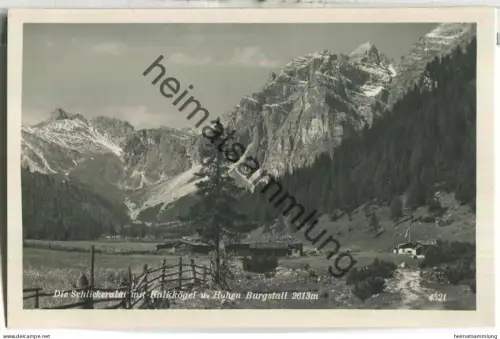 Die Schlickeralm mit Kalkkögel und Hohen Burgstall - Foto-Ansichtskarte - Verlag Chizzali Innsbruck 30er Jahre
