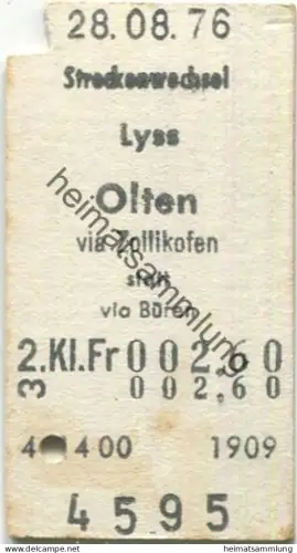 Schweiz - Streckenwechsel - Lyss Olten via Zollikofen statt via Büren - Fahrkarte 1976