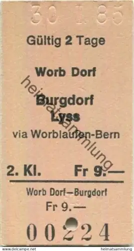 Schweiz - Worb Dorf Burgdorf Lyss via Worblaufen-Bern einfach - Fahrkarte 1985
