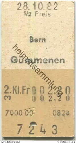 Schweiz - Bern Gümmenen einfach - Fahrkarte 1982 1/2 Preis