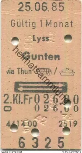 Schweiz - Lyss Gunten via Thun Bus/Schiff retour - Fahrkarte 1985