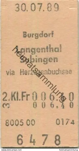 Schweiz - Burgdorf Langenthal Subingen via Herzogenbuchsee einfach - Fahrkarte 1989