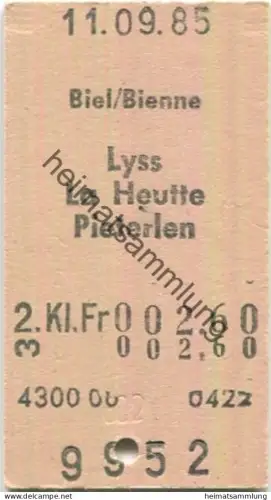 Schweiz - Biel/Bienne Lyss La Heutte Pieterlen einfach - Fahrkarte 1985