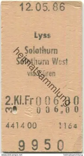 Schweiz - Lyss Solothurn Solothurn West via Büren einfach - Fahrkarte 1986