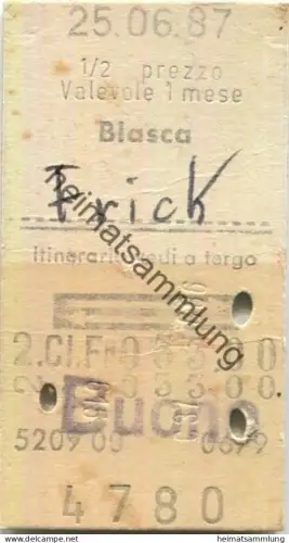 Schweiz - Biasca Frick retour - Fahrkarte 1987 1/2 prezzo - Aufdruck Buono