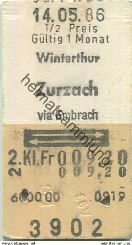 Schweiz - Winterthur Zurzach via Embrach retour - Fahrkarte 1986 1/2 Preis