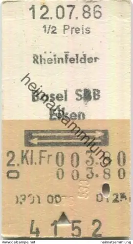 Schweiz - Rheinfelden Basel SBB Eiken retour - Fahrkarte 1986 1/2 Preis