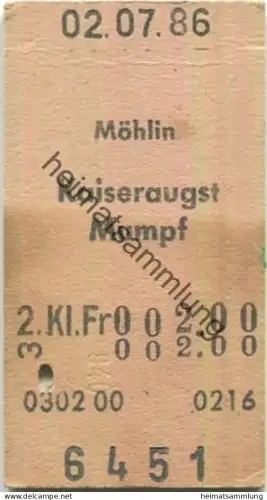 Schweiz - Möhlin Kaiseraugst Mumpf einfach - Fahrkarte 1986