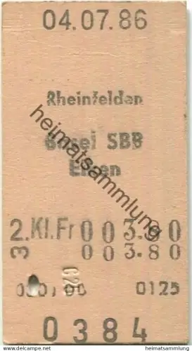 Schweiz - Rheinfelden Basel SBB Eiken einfach - Fahrkarte 1986