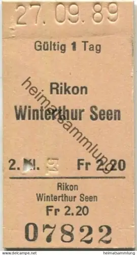 Schweiz - Rikon Winterthur Seen einfach - Fahrkarte 1989