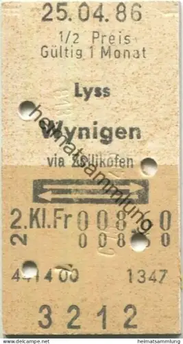 Schweiz - Lyss Wynigen via Zollikofen retour - Fahrkarte 1986 1/2 Preis